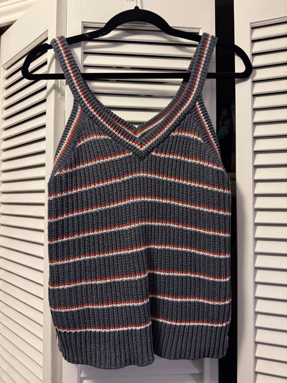 Madewell Gray Ribbed V-Neck Tank with White and Rust Stripes